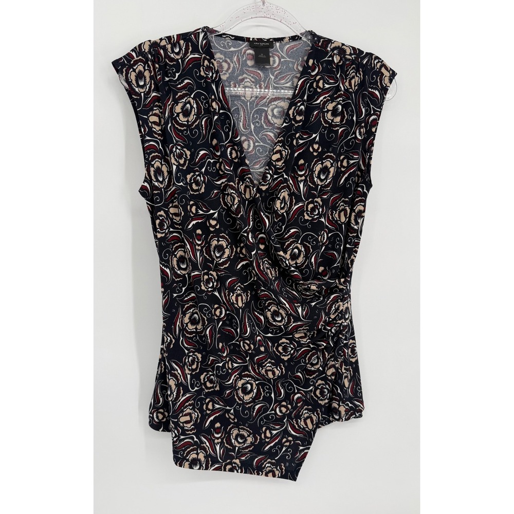 Ann Taylor Navy Floral Paisley Faux Wrap Surplice Sleeveless Blouse Sz M